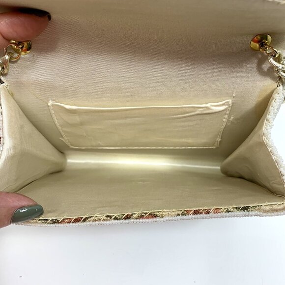 Stunning Embellished White Seed Beaded Tapestry Shoulder Handbag Chain Strap VTG - Picture 8 of 14